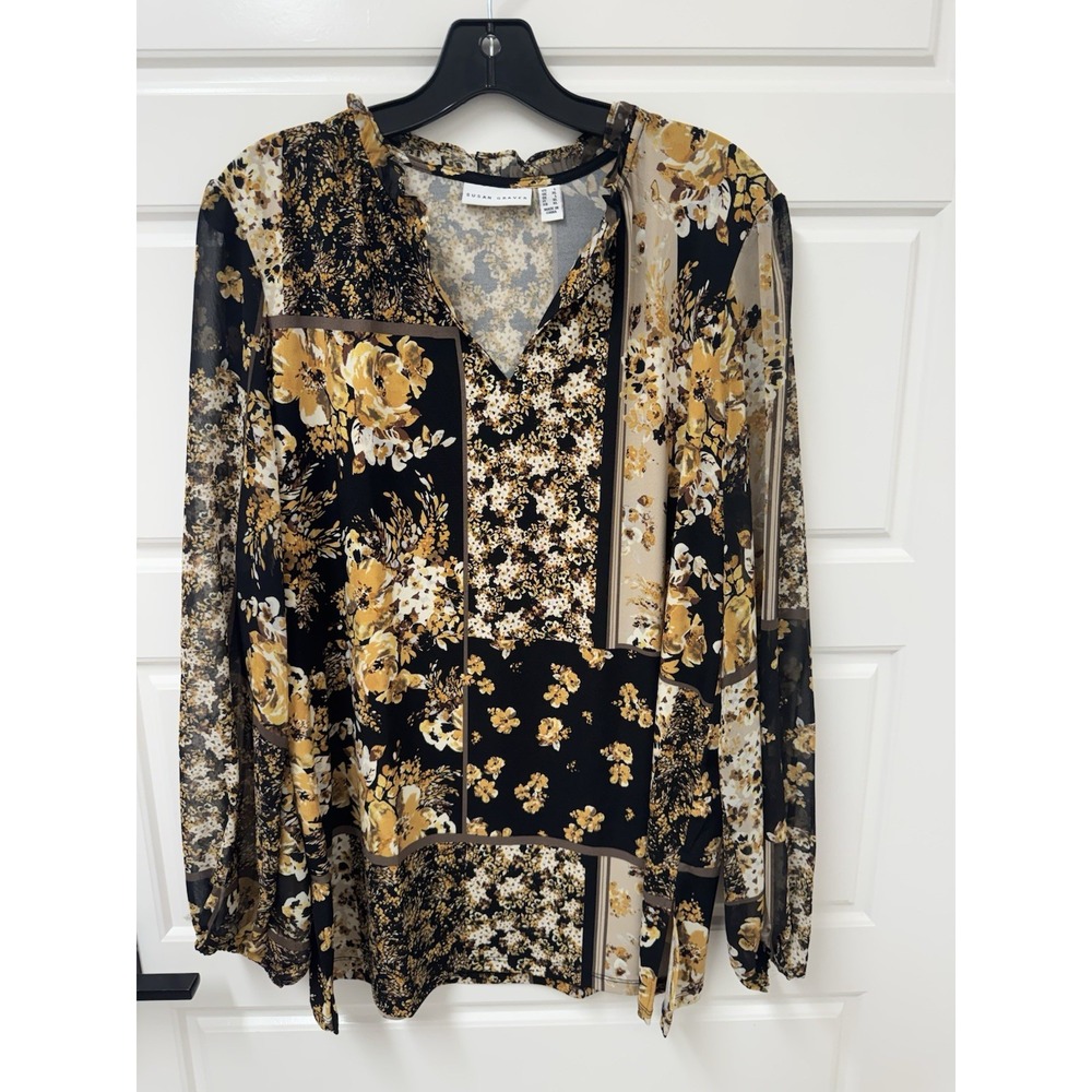 Susan Graver Womens Large Floral Patchwork Blouse Sheer Sleeve Gold Black